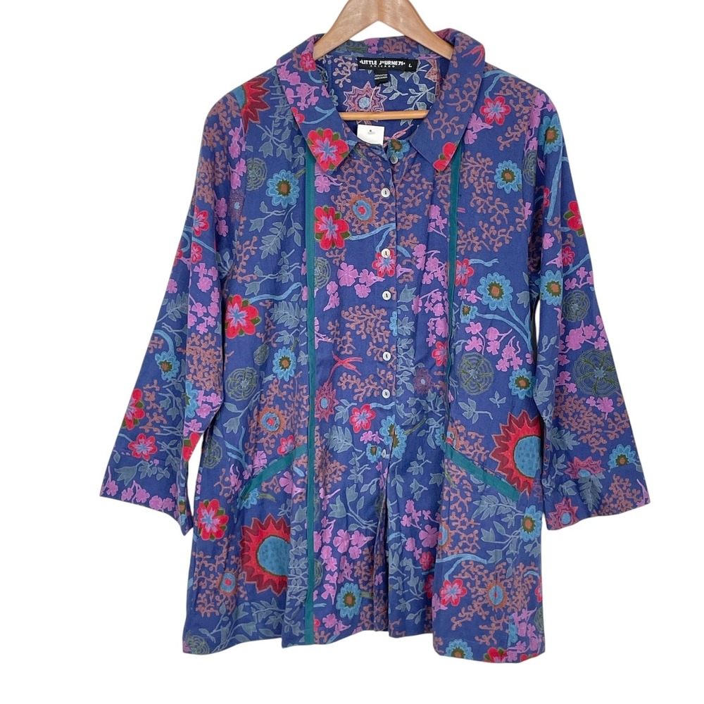 Artisan Women Boho Lagenlook Colorful Floral Tunic Top L Folk Sustainable Unique